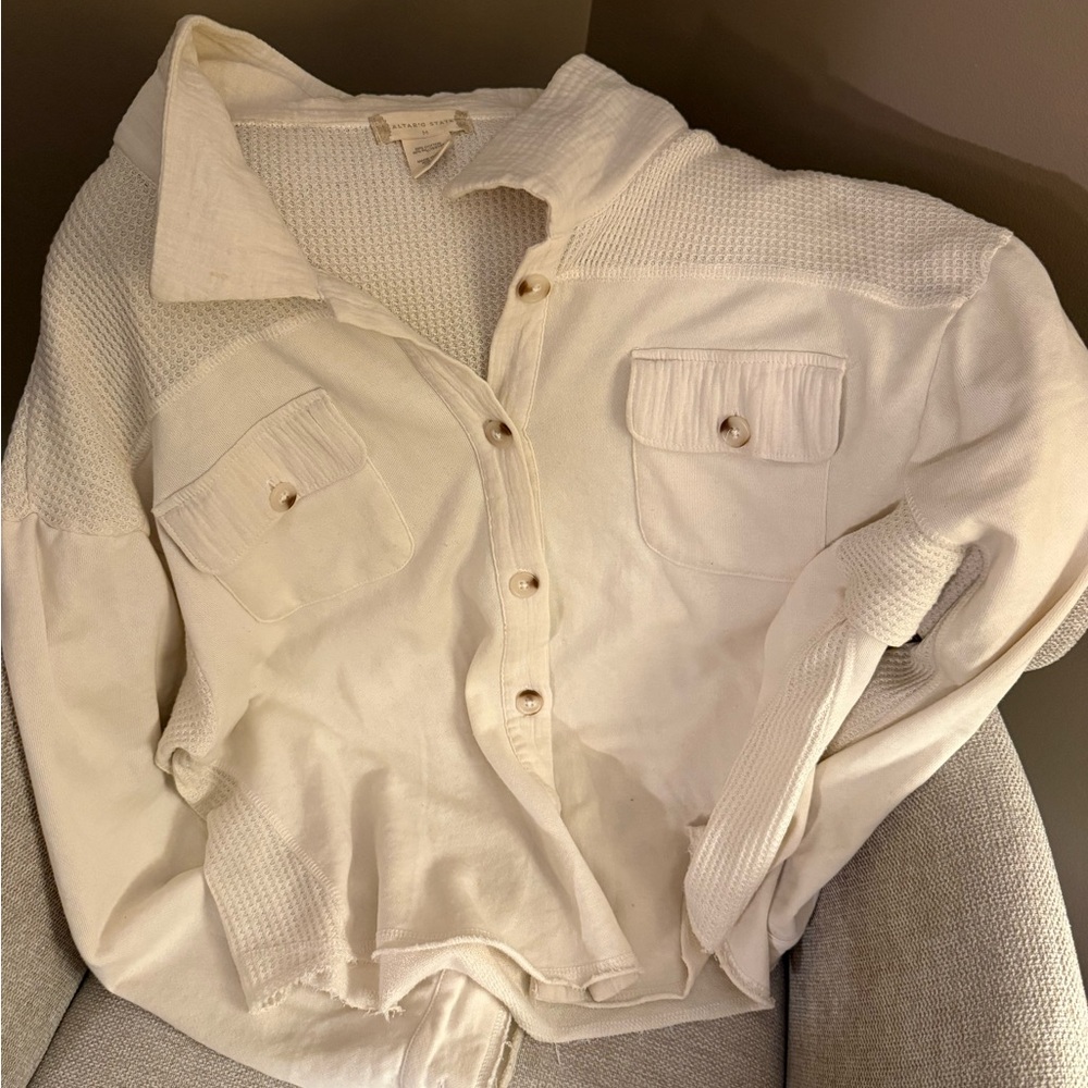 Altar'd State Cream Gauze, Linen & Waffle Button Down Shirt